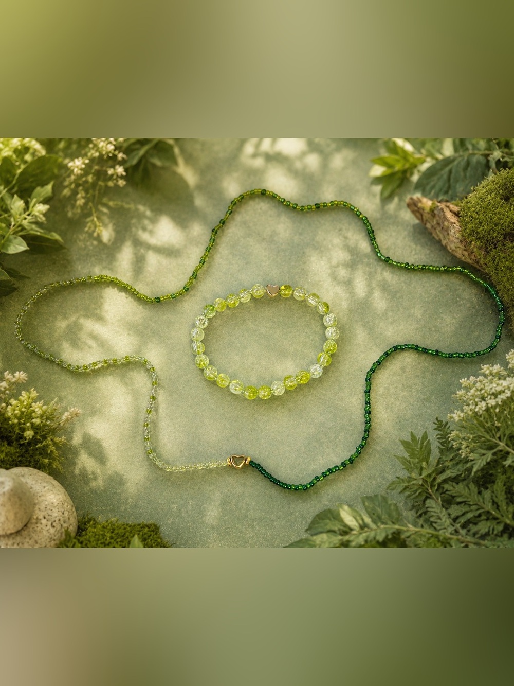 Enchanted Evergreen Heart Bracelet & Necklace Set 8” 32”